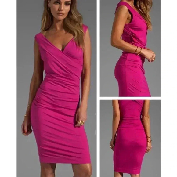 DVF Bentley Dress Jersey S 4 6 Ruched Bodycon Peony Midi Cocktail $285 Revolve - Picture 1 of 10
